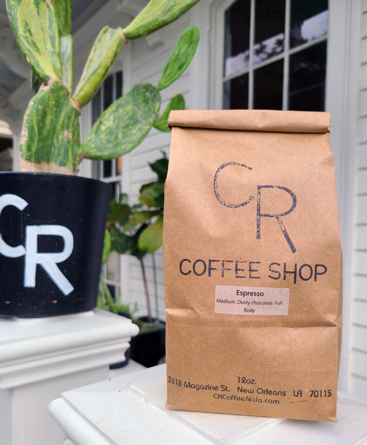 A bag of CR Espresso Blend on the Magazine Street porch
