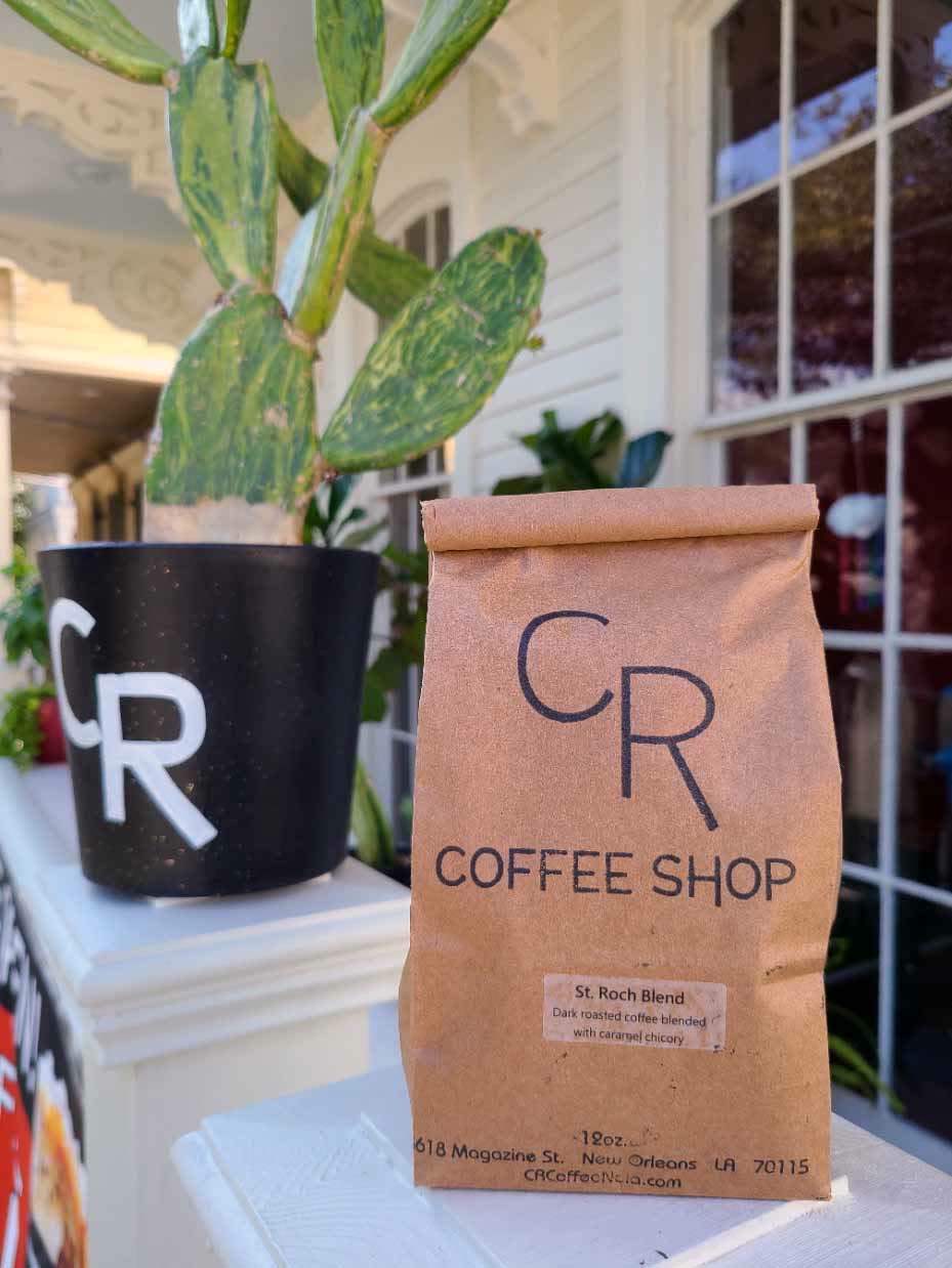 A bag of St. Roch Blend coffee and chicory on the Magazine Street porch