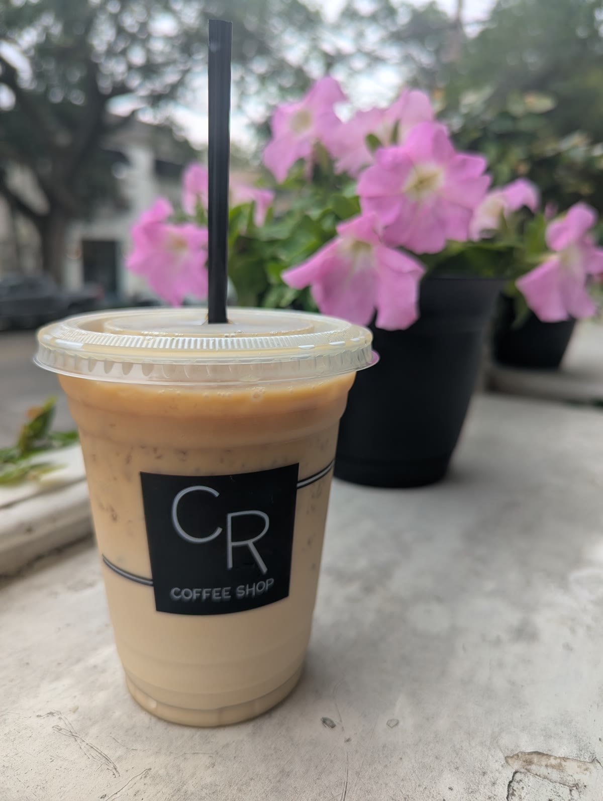 An iced cold brew with cream in a CR cup, pink petunias behind