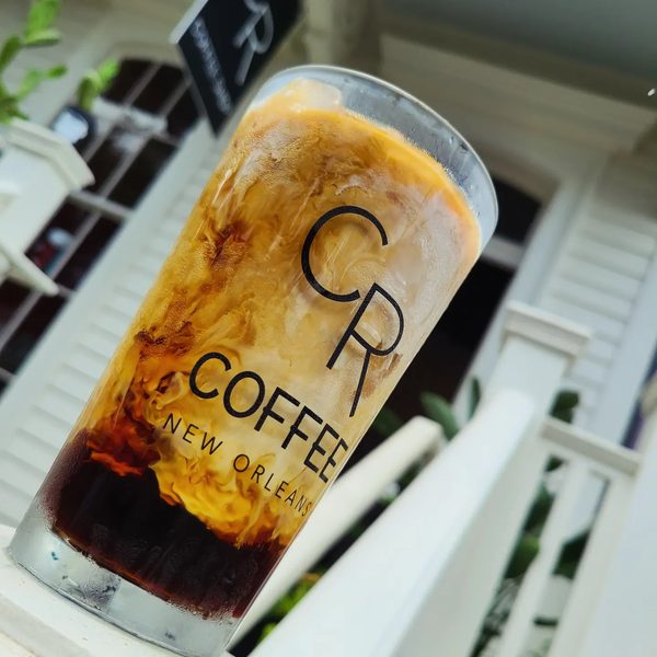 Iced coffee on the CR Coffee Shop porch