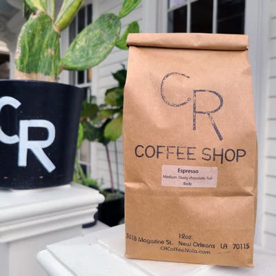 A bag of CR Espresso Blend on the Magazine Street porch