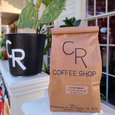 A bag of St. Roch Blend coffee and chicory on the Magazine Street porch