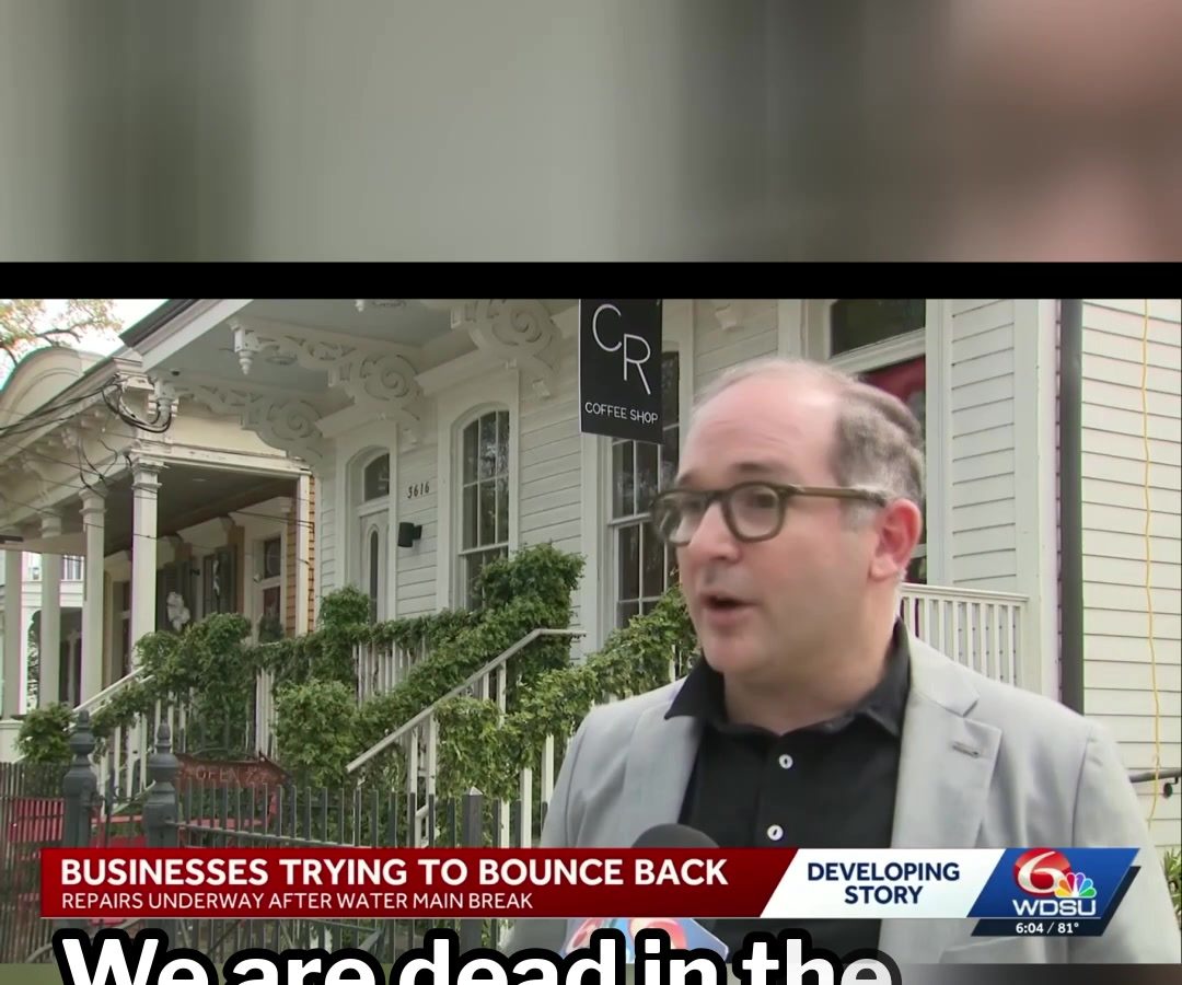 Kevin Pedeaux interviewed by WDSU outside CR Coffee Shop on Magazine Street about the impact of boil water advisories on local businesses